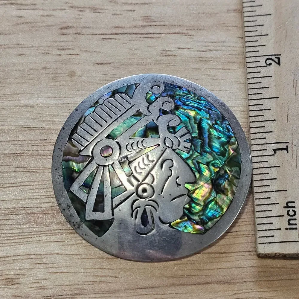Vintage Narvaez Taxco Sterling Silver & Abalone Aztec Warrior Brooch & Pendant
